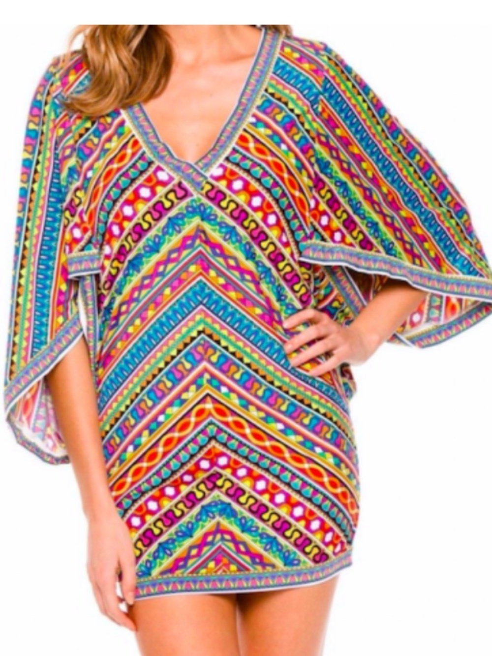 Trina Turk Multicolor Psychedelic Boho Mod Bell Sleeve Shift Dress Size Small